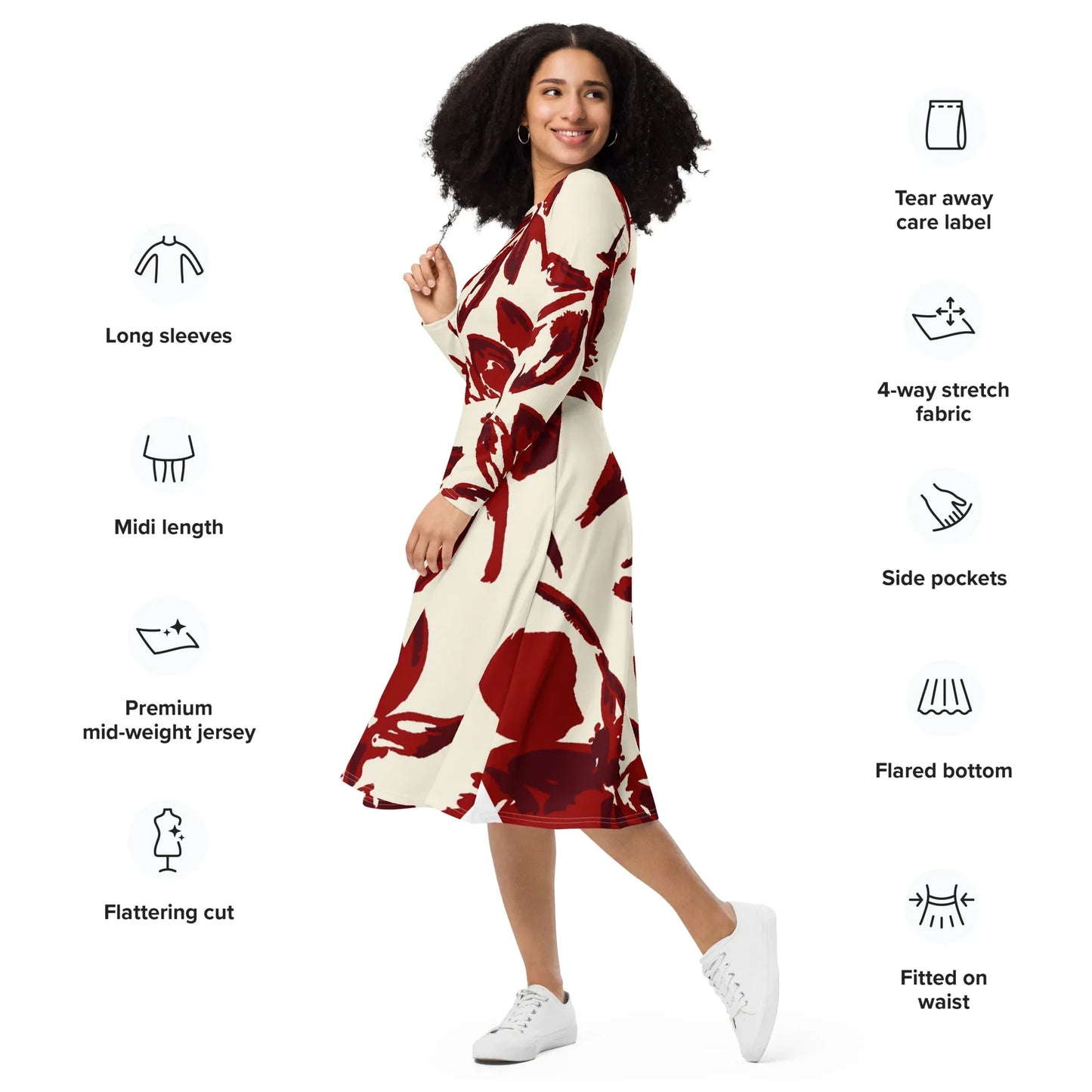 A red flowers long sleeve midi dress - B&M