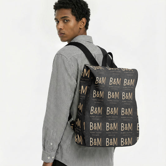Person wearing a backpack with 'B&M' branding on a plain background