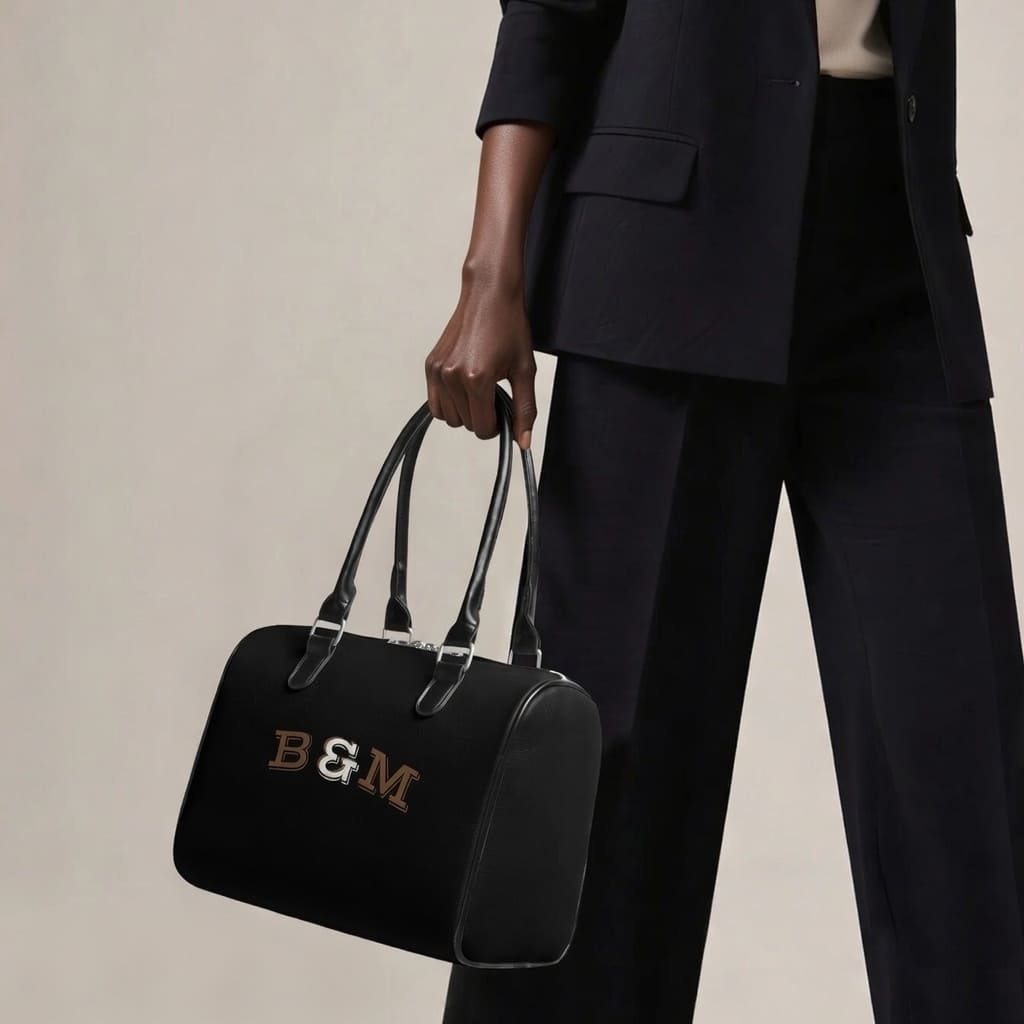 Person holding a black handbag with initials 'B&M' against a beige background