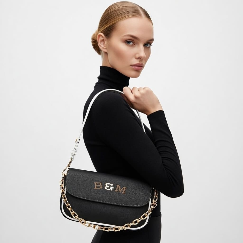 Woman holding a black handbag with gold chain detail on a light gray background