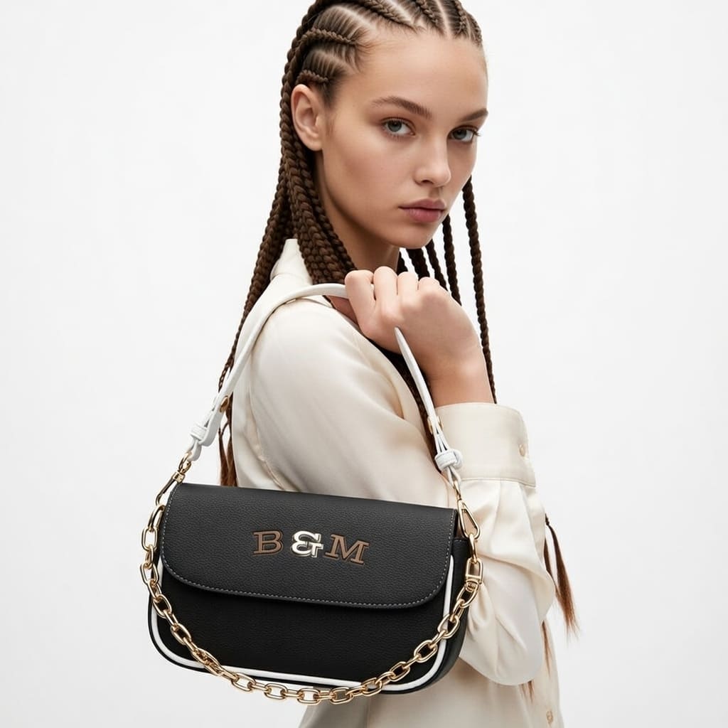 Woman holding a black handbag with gold chain detail and 'B&M' logo.
