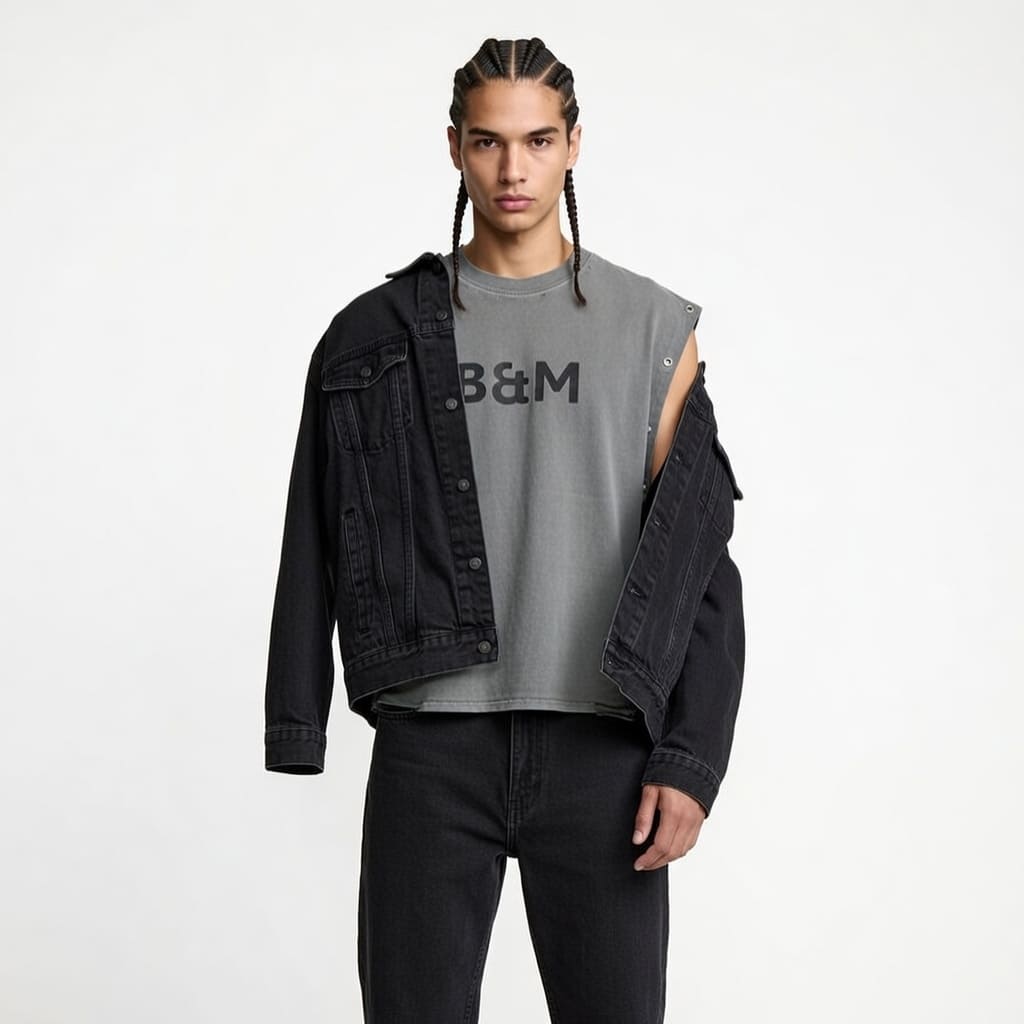 Portrait of a mixed-race man wearing a sleeveless tank with distressed grommet details, designed for both comfort and style.