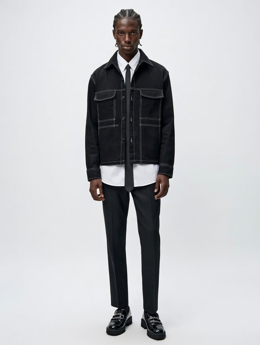 Man wearing a black jacket, white shirt, and black pants on a white background