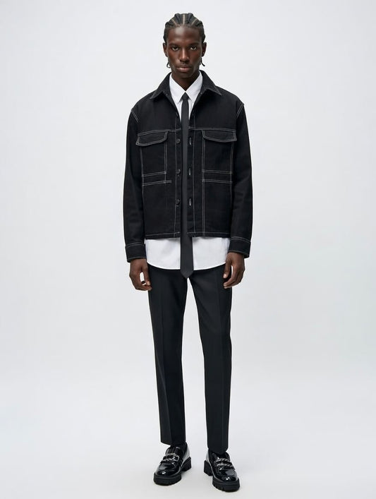 Man wearing a black jacket, white shirt, and black pants on a white background