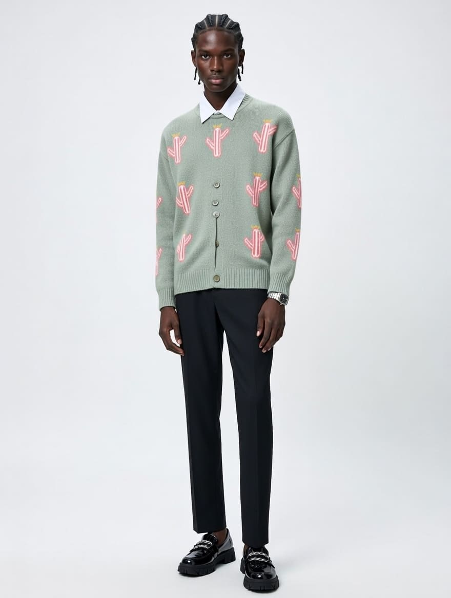 Person wearing a green cardigan with pink cactus patterns on a white background