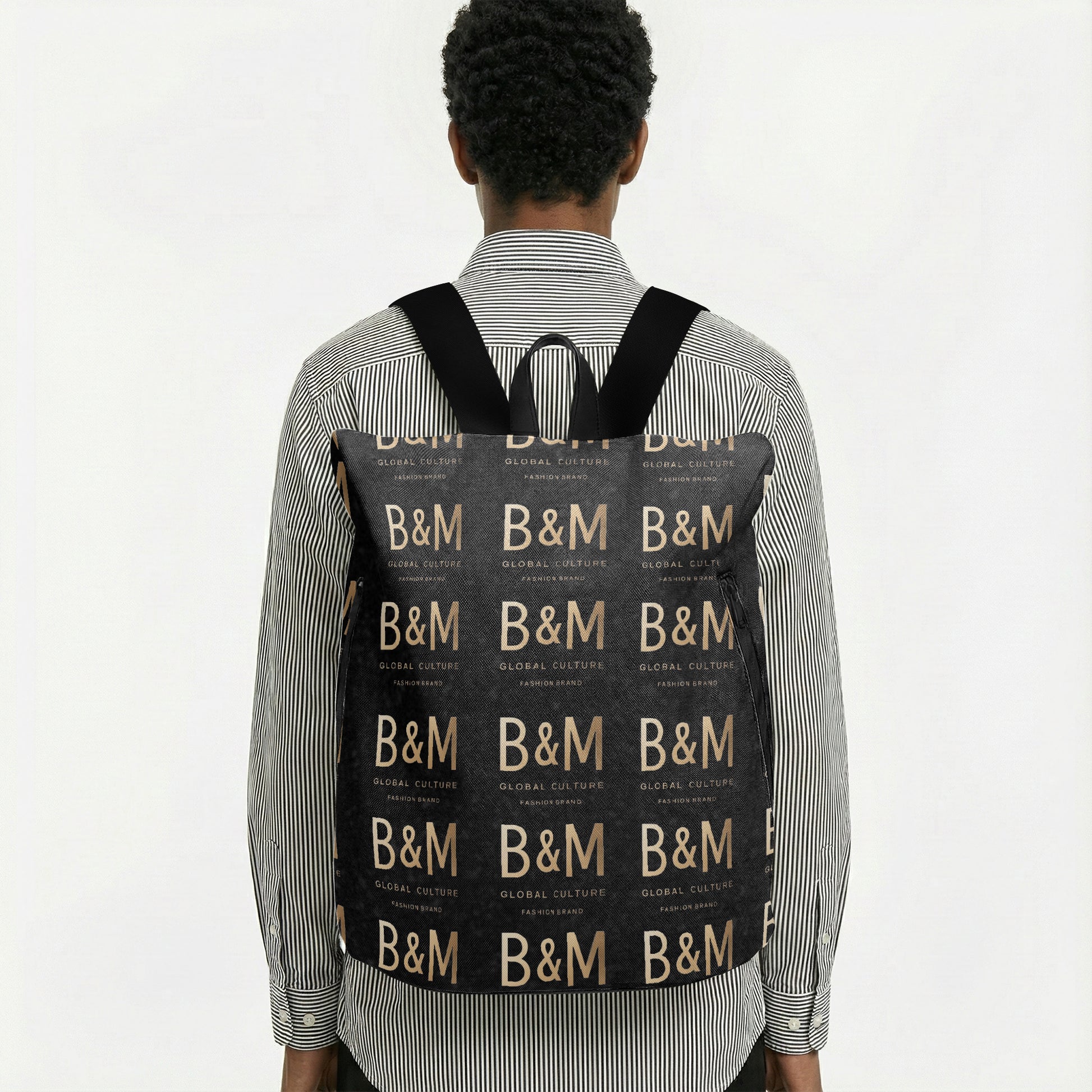 Person wearing a black backpack with 'B&M' pattern on a white background