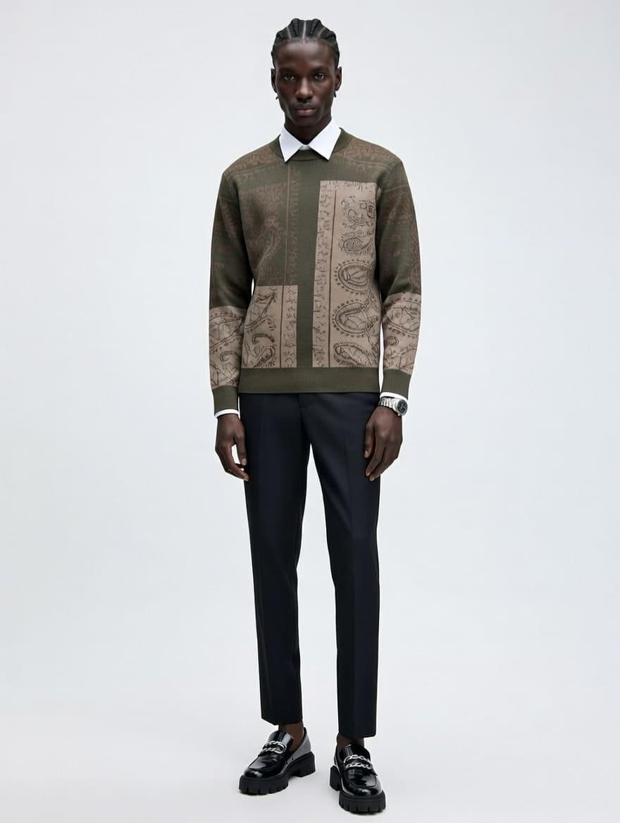 Man wearing a patterned sweater and black pants on a white background