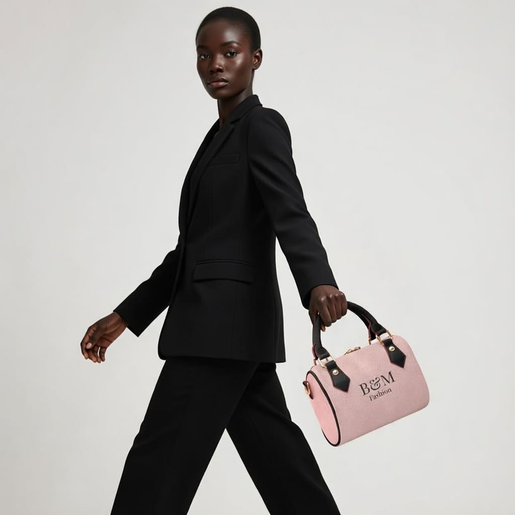 Person wearing a black suit holding a pink handbag with 'B&M' branding on a white background