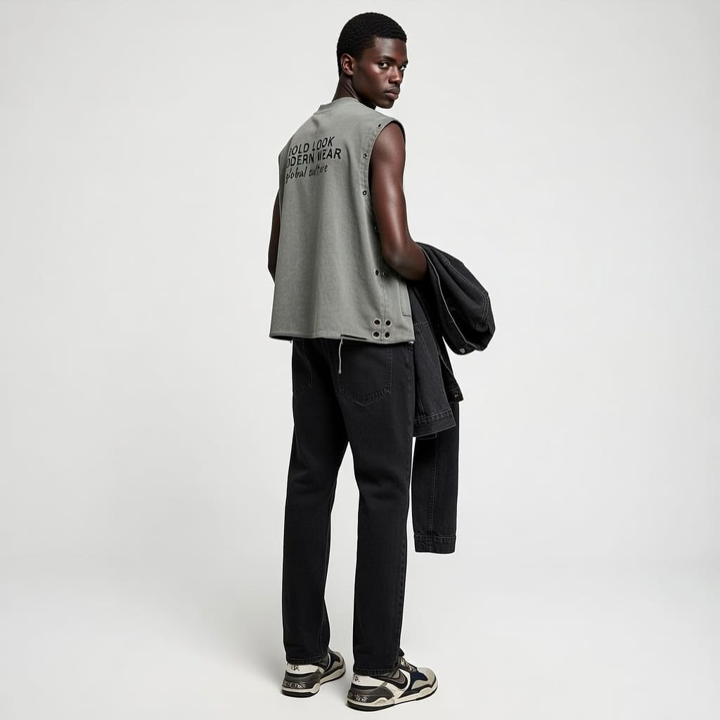 Dark-skinned man wearing a sleeveless tank with distressed grommet details, featuring a stylish back view, designed for both comfort and style.