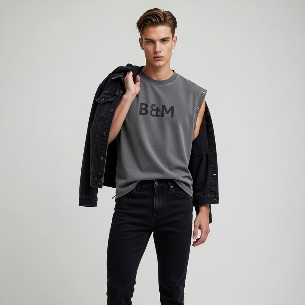 White man wearing a sleeveless tank with distressed grommet details, featuring a stylish back view, designed for both comfort and style.