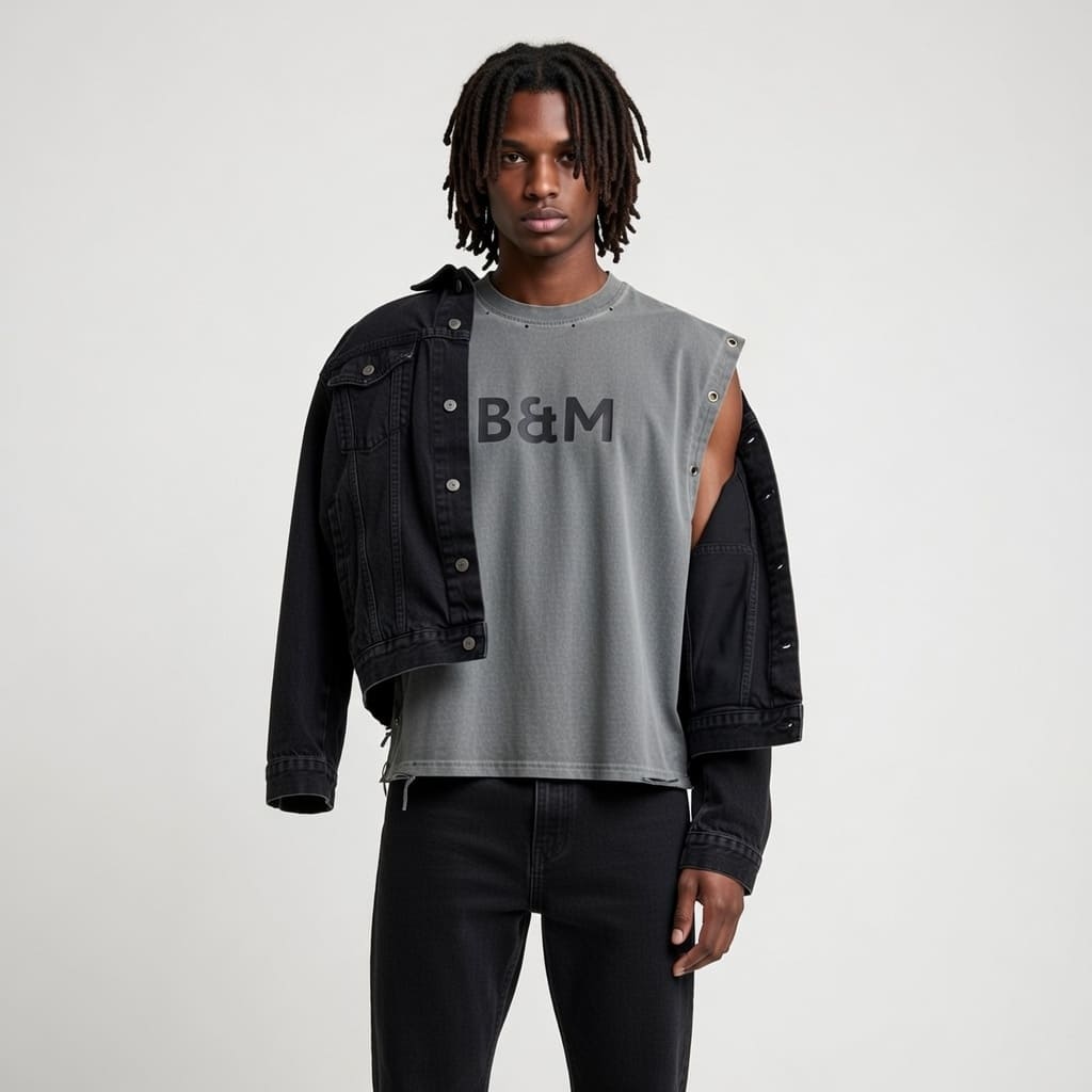 close up of a men’s sleeveless tank with distressed grommet details. Designed for comfort and style