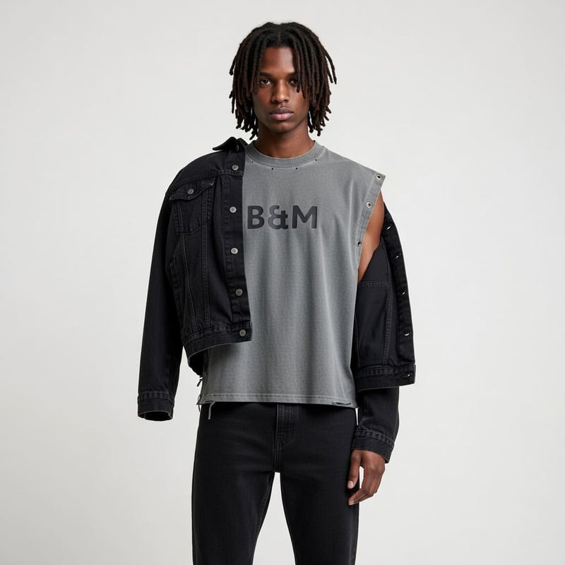 close up of a men’s sleeveless tank with distressed grommet details. Designed for comfort and style