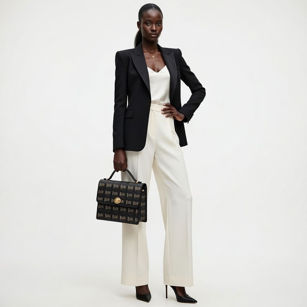 Woman in a black blazer and white pants holding a black handbag on a white background