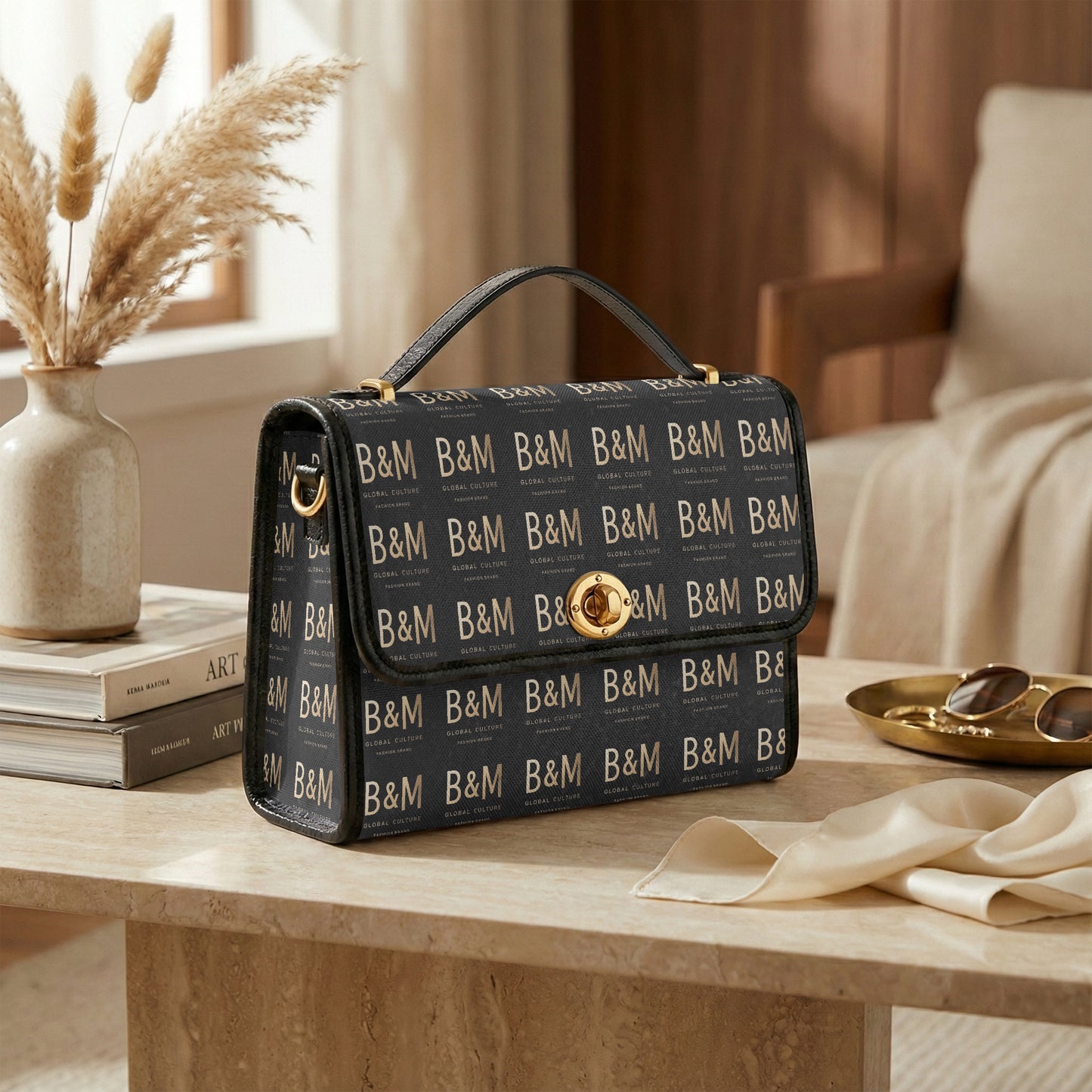Woman in a black evening gown holding a patterned handbag on a white background