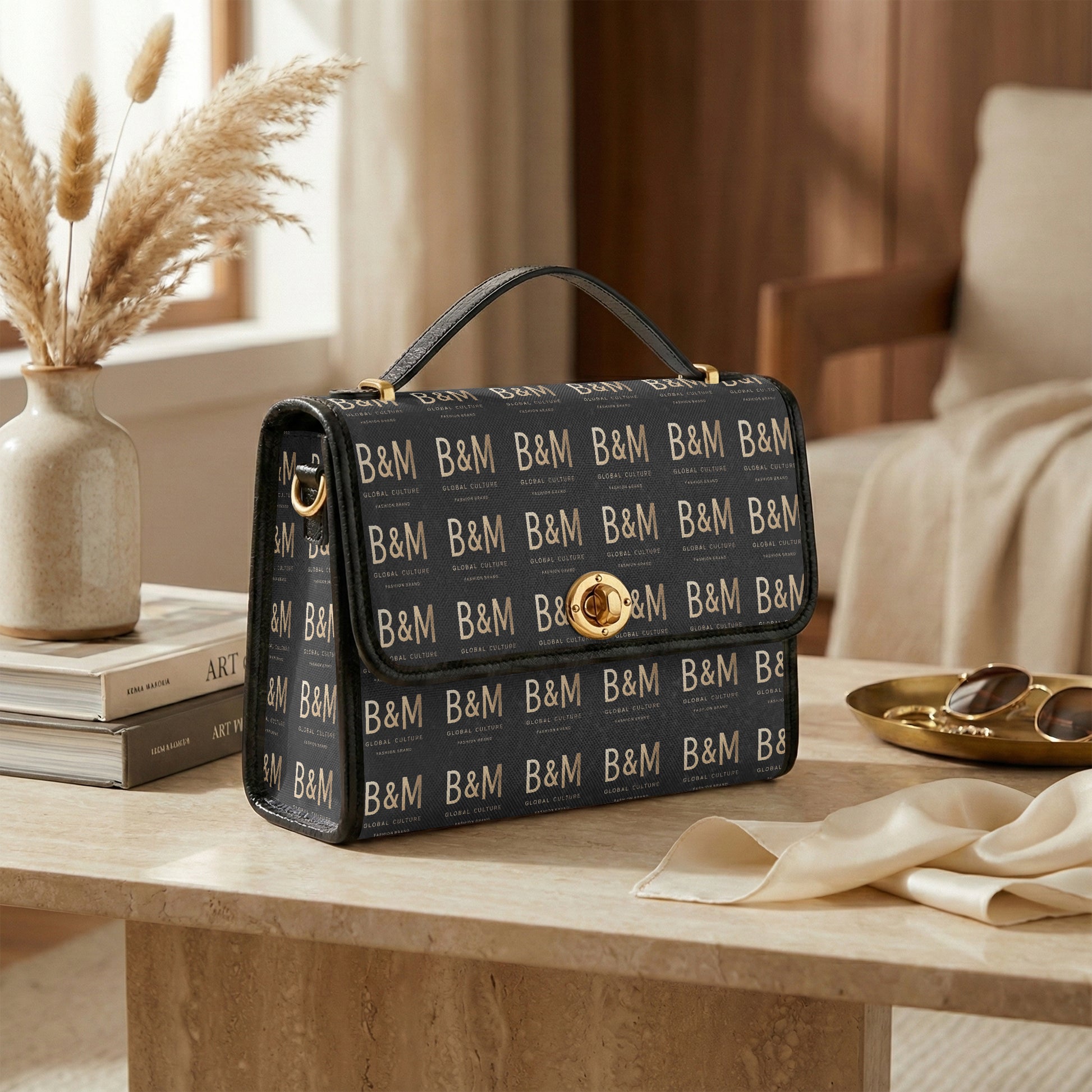Woman in a black evening gown holding a patterned handbag on a white background