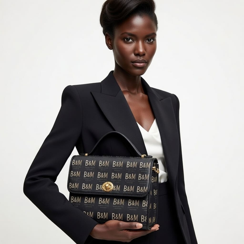 Woman holding a black handbag with gold accents and 'B&M' branding against a plain background