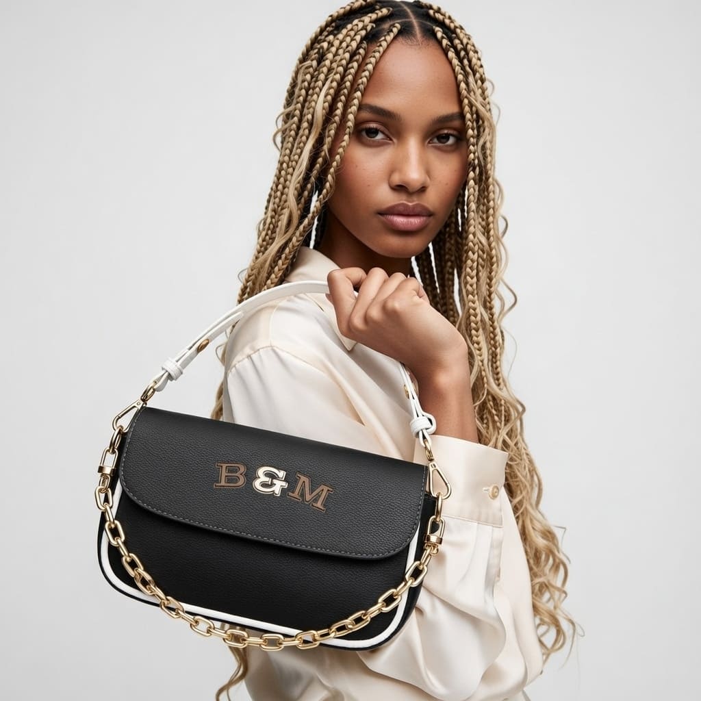 Woman holding a black handbag with gold chain detail and 'B&M' monogram on a light gray background