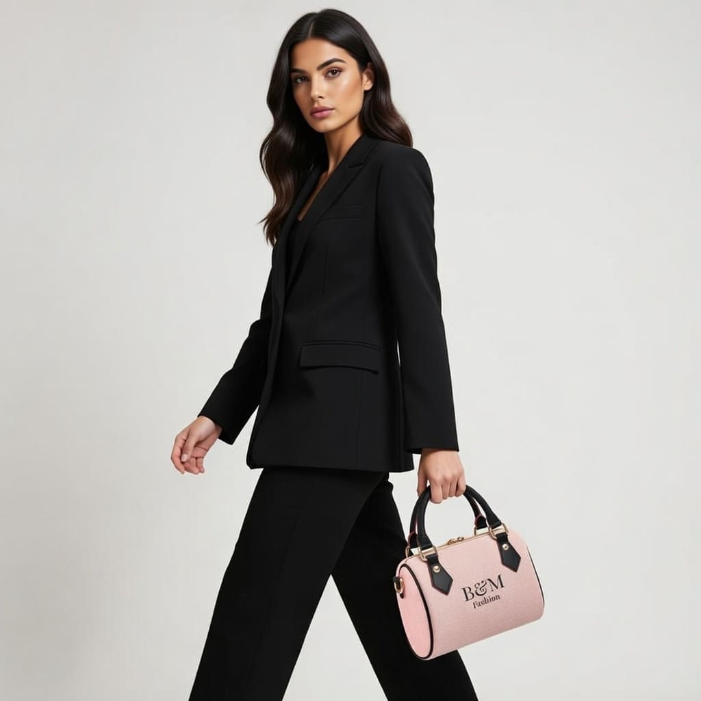 Woman in a black suit holding a pink handbag with a brand logo on a light gray background