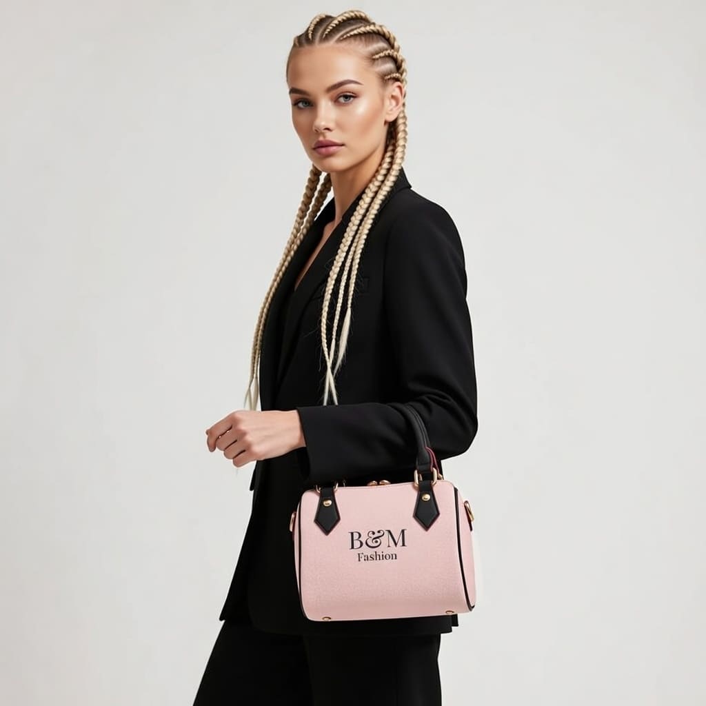Woman holding a pink handbag with 'B&M Fashion' logo against a plain background