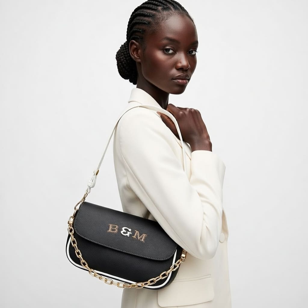 Woman holding a black handbag with 'B&M' logo against a white background