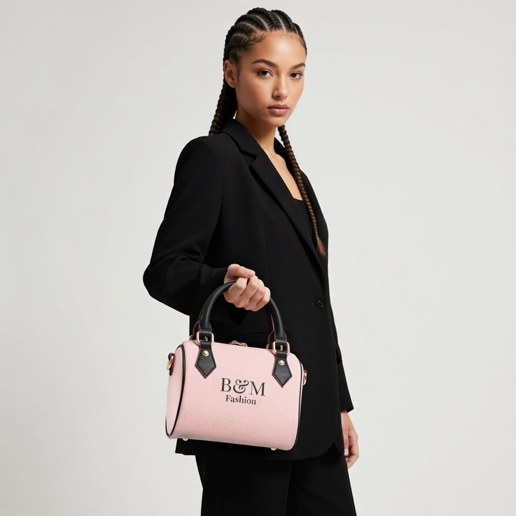 Woman holding a pink handbag with 'B&M Fashion' logo against a plain background