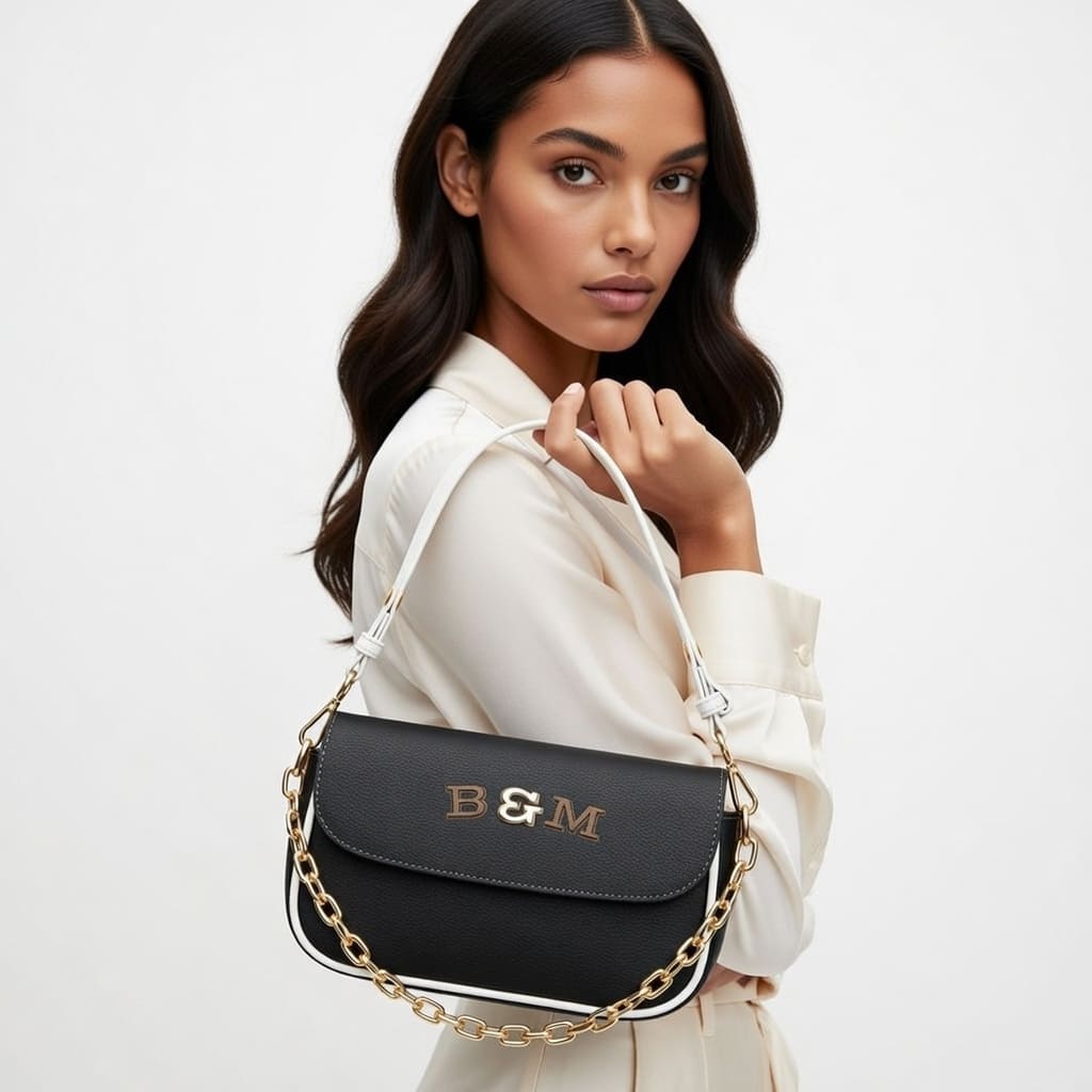Woman holding a black handbag with gold chain strap and 'B&M' logo.